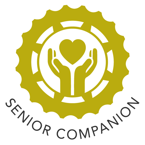 Senior companion icon - hands holding up heart within a sprocket