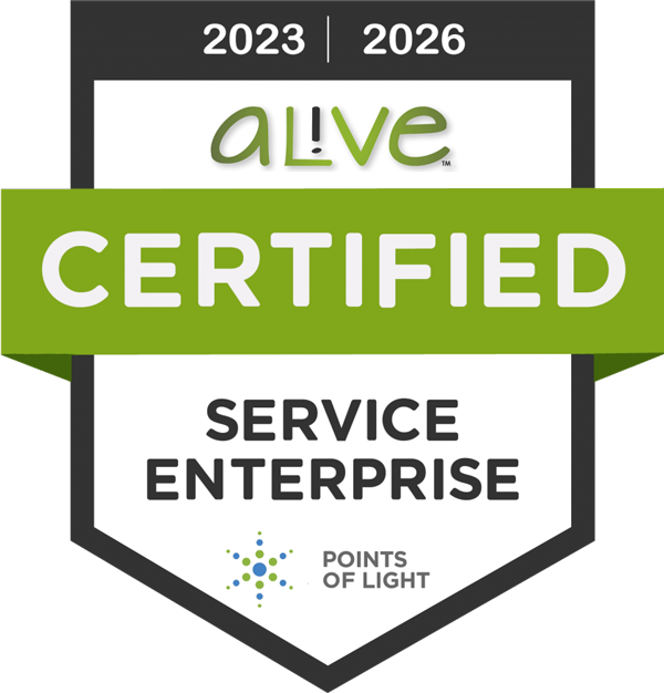 AL!VE Certified Service Enterprise badge recognizing Seniors in Service as a Certified Service Enterprise for 2023&ndash;2026 through Points of Light.