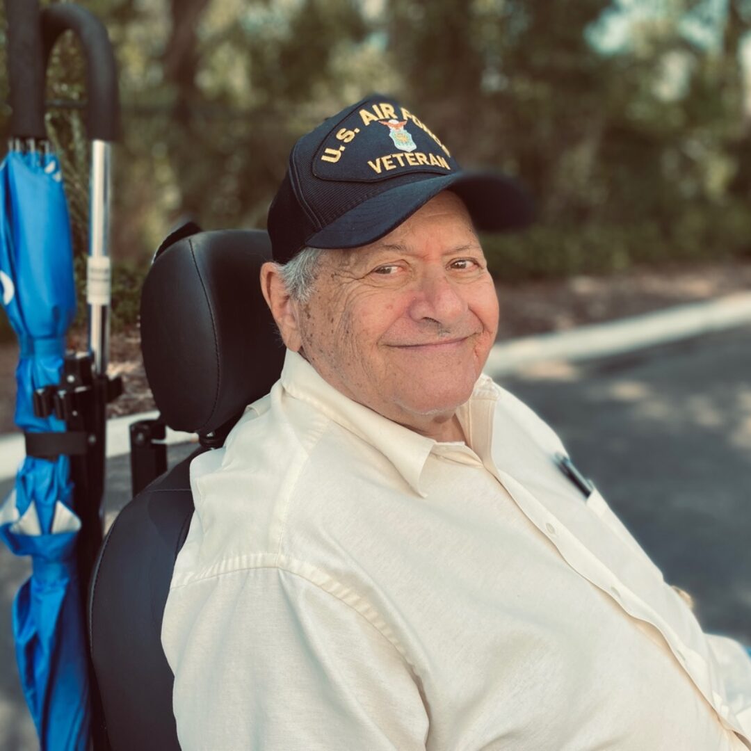 Senior Veteran in Wheelchair Outside Seniors in Service program member and US Air Force veteran sits outside in his wheelchair.