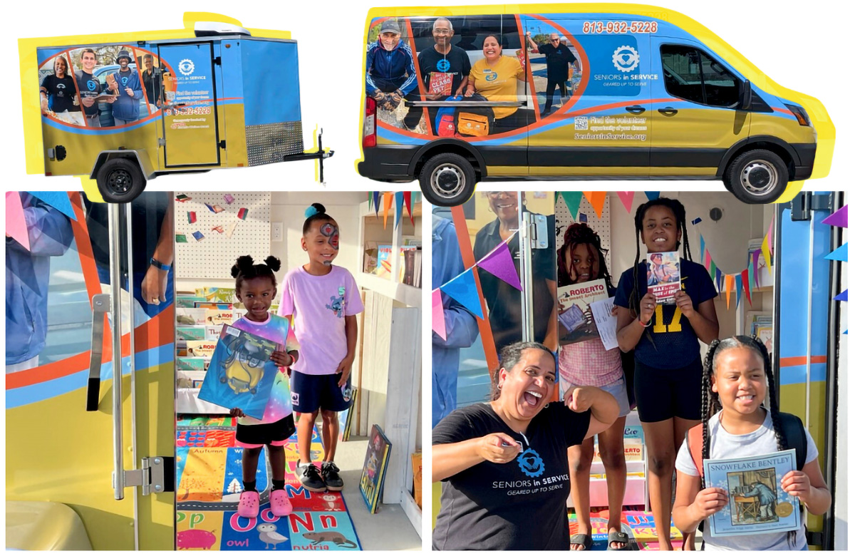 Mobile Outreach Unit Bringing Resources Directly to the Community Children and families explore the Seniors in Service Mobile Outreach Unit stocked with books and educational resources during a community event.