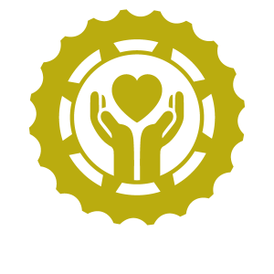 Senior companion icon - hands holding up heart within a gear