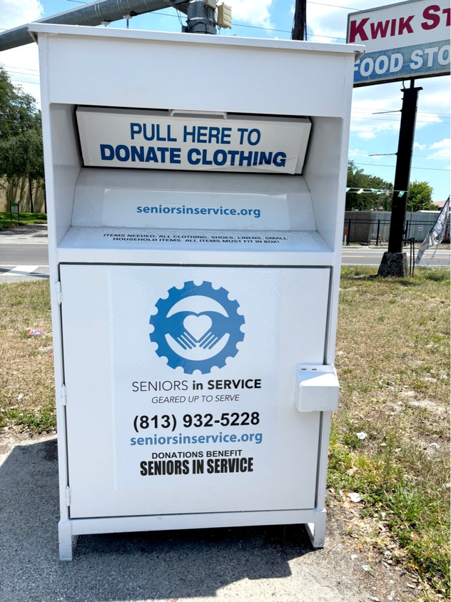 Veteran Clothing Donation Box in Tampa Bay Clothing donation drop box operated by Operation: Veteran Connect and Seniors in Service to collect clothing and household items for veterans in Tampa Bay.